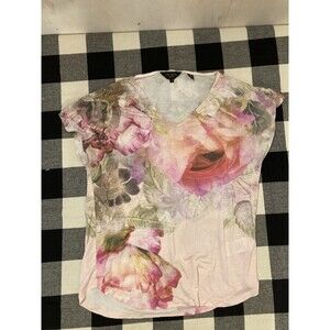 Ted Baker London Top Womens Size 1 V-Neck Short Sleeve Floral White Lyocell